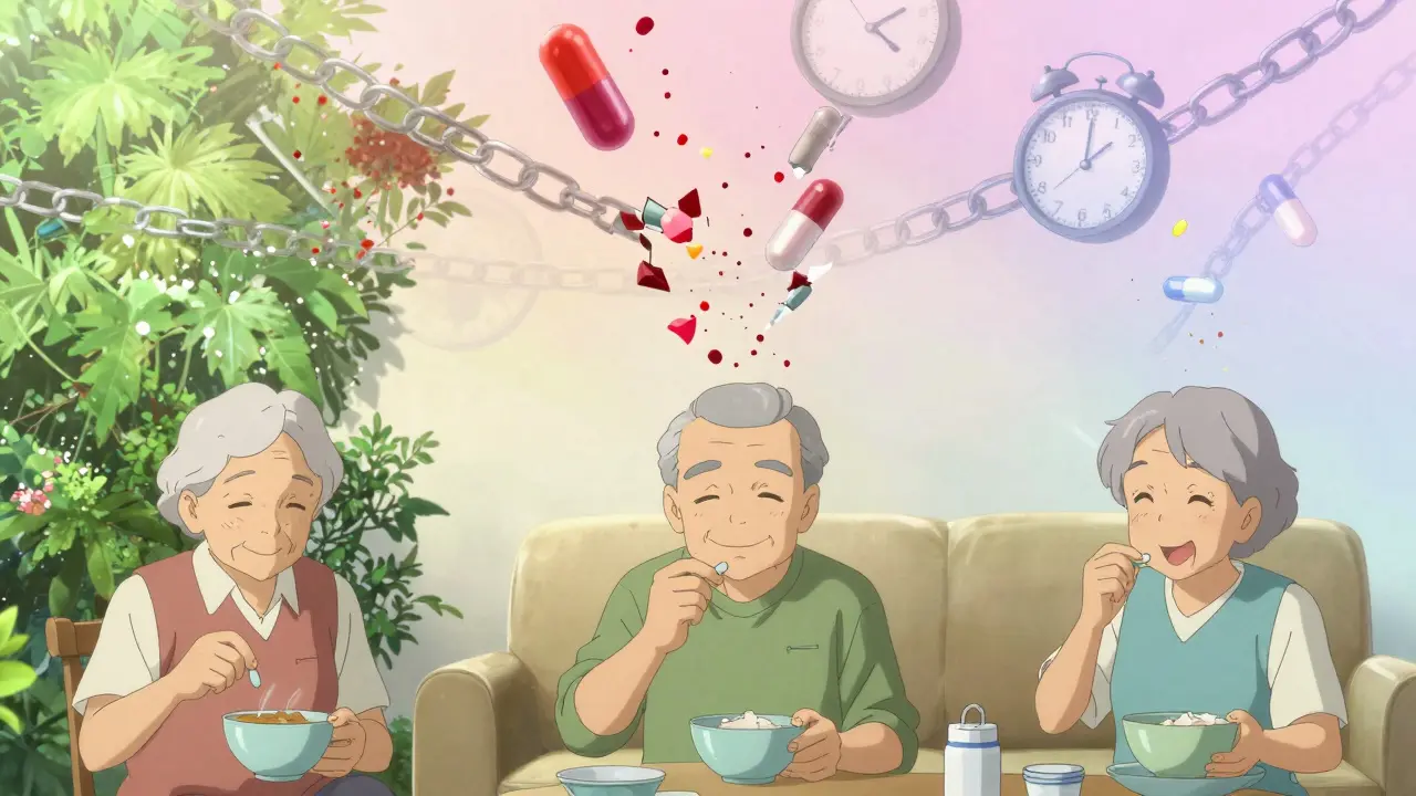 Three seniors take one pill each with their morning routine as chaotic pill chains dissolve into sparkling light.