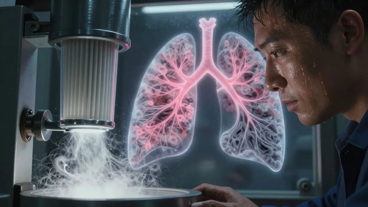 Worker in enclosed grinding booth with vacuum system capturing asbestos fibers.