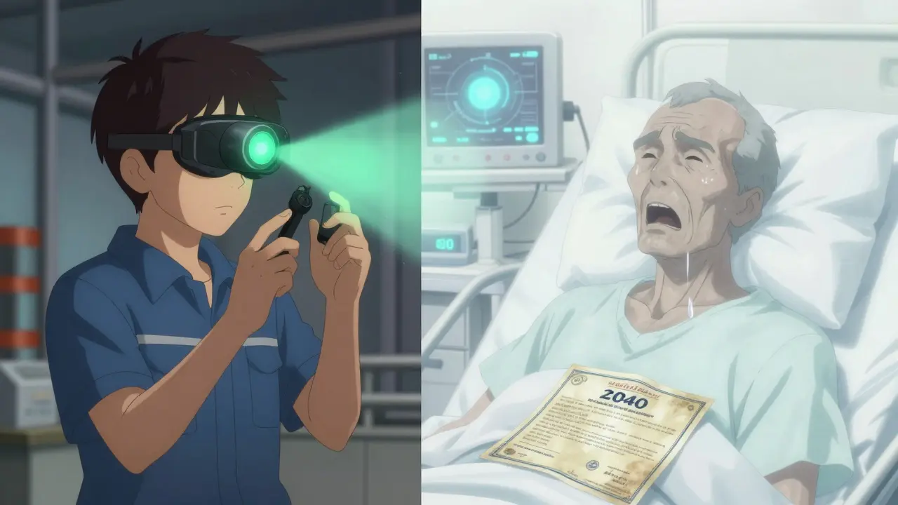 Young worker with dust sensor contrasted with older version in hospital.