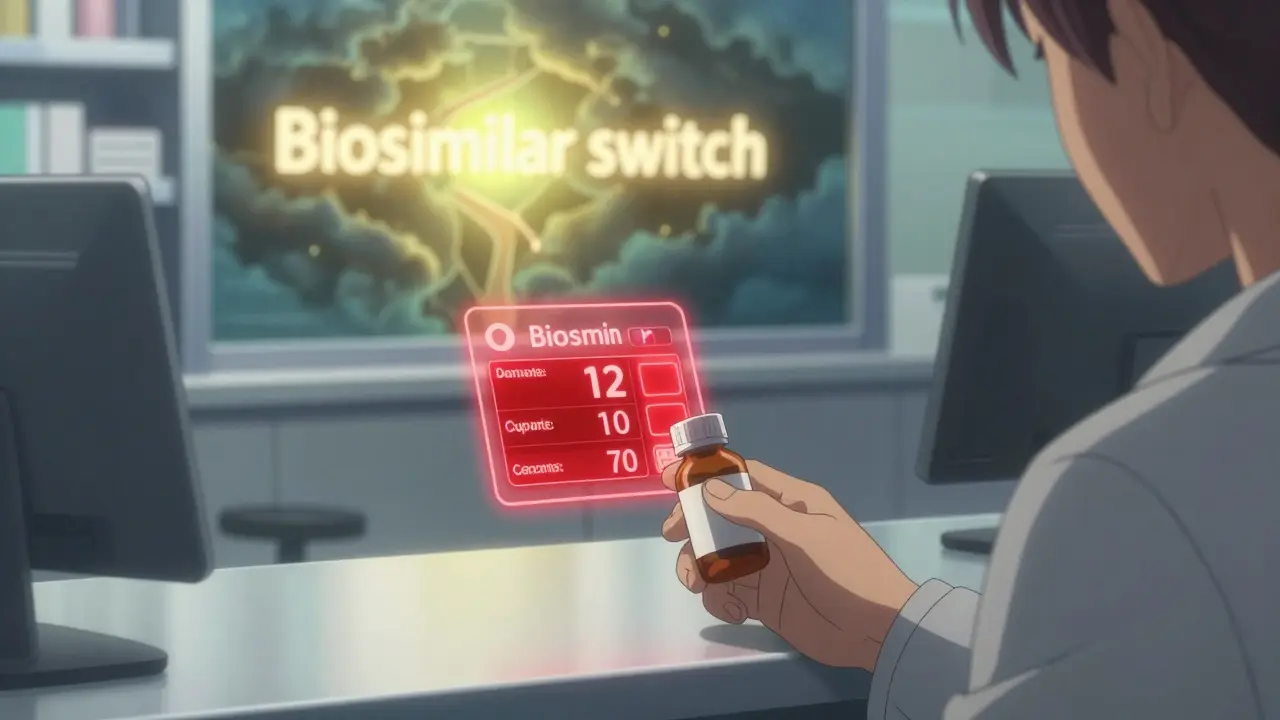 A close-up of a patient at a pharmacy counter with a glowing red price tag.