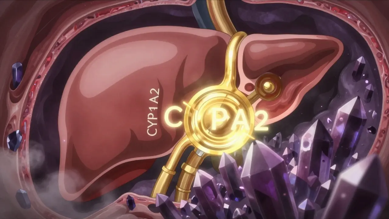 A glowing gold CYP1A2 enzyme being activated by purple crystals in a biological anime setting.