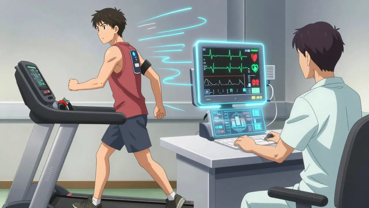 A patient exercising on a treadmill while being monitored by a medical professional.