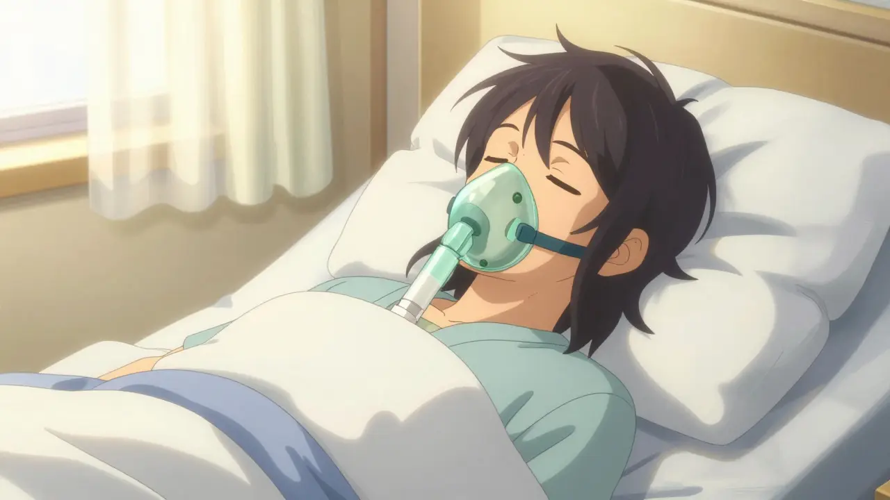 A person sleeping peacefully and deeply while using a CPAP machine in a sunlit bedroom.