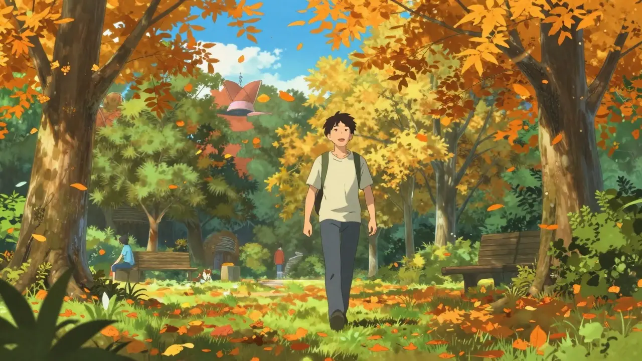 A person walking confidently through a sunny autumn park, representing long-term heart health.