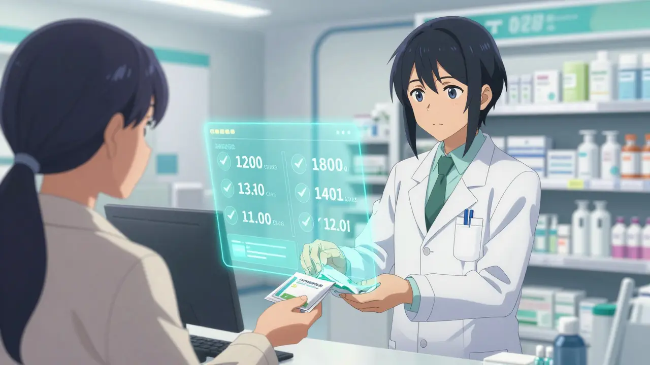 Anime scene of a pharmacist providing medication in a high-tech pharmacy.