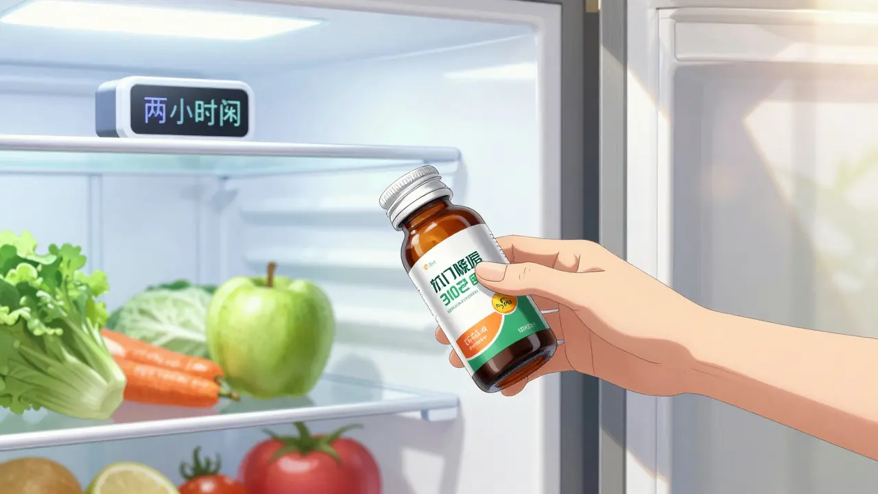 Anime scene of a probiotic bottle being stored in a refrigerator to maintain viability.