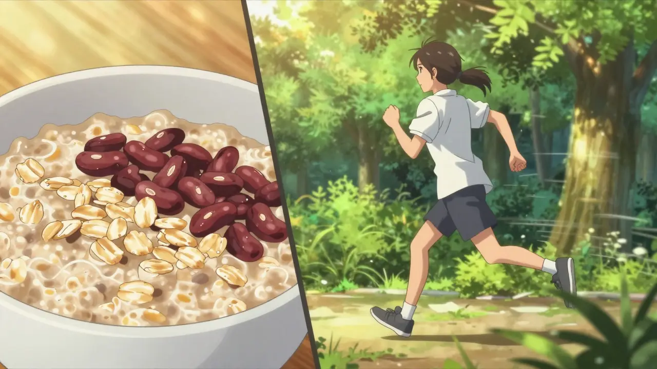 Anime split-screen showing a healthy bowl of oats and a person jogging in a park.