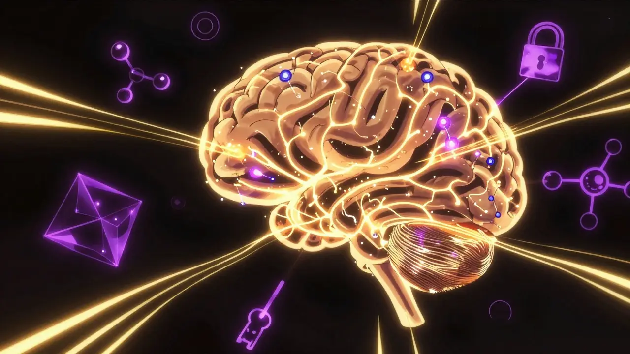 Conceptual anime visualization of brain receptors and chemical messengers.