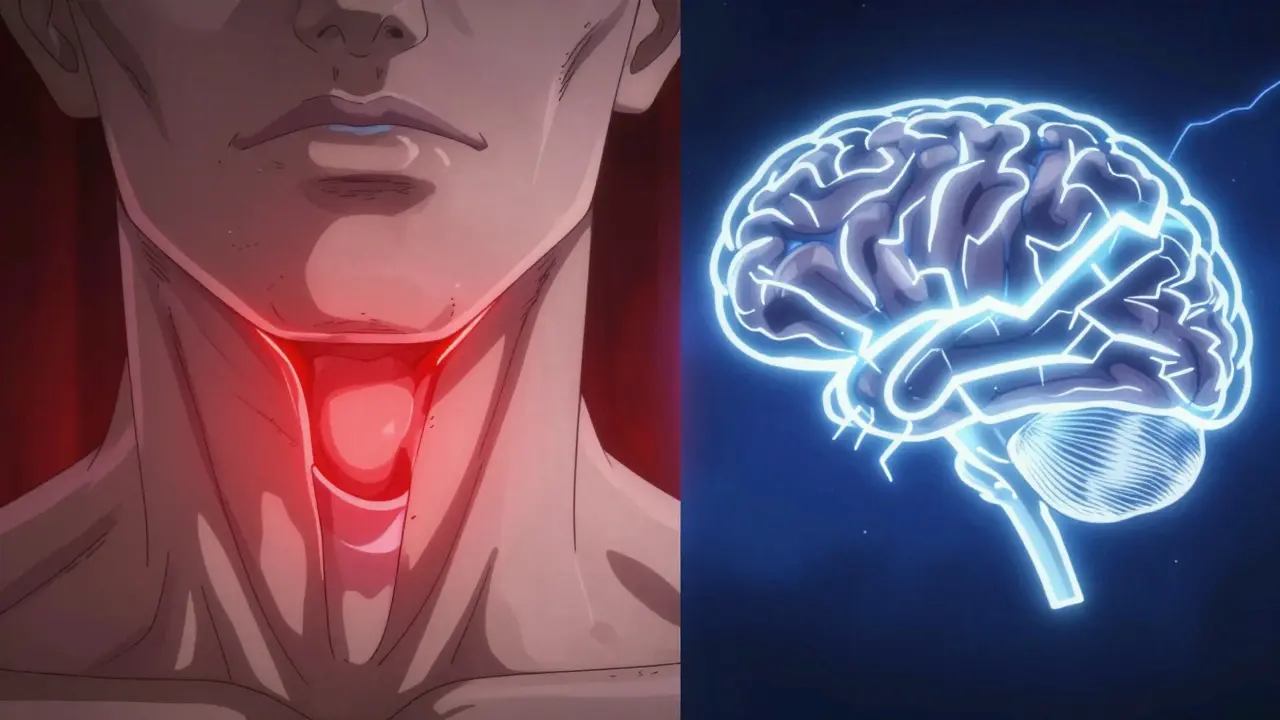 Conceptual split-screen showing a constricted throat and an overactive brain with glowing effects.
