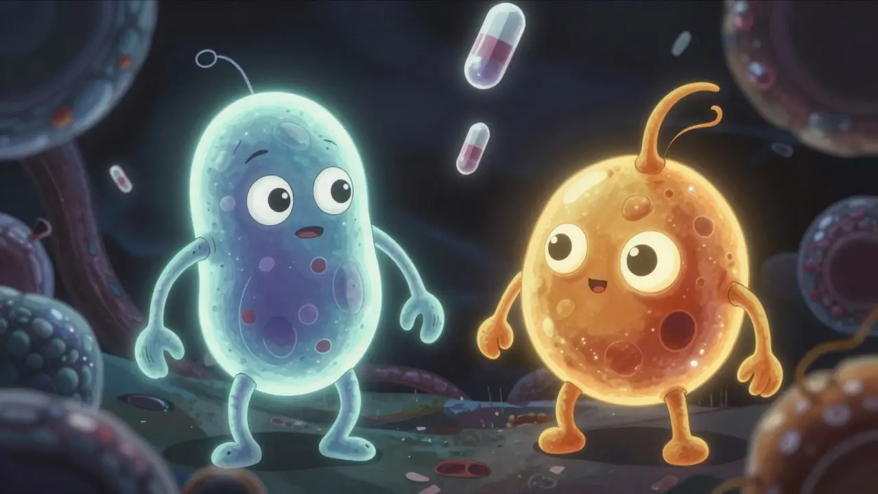 Detailed anime characters representing beneficial bacteria and yeast strains resisting antibiotics.