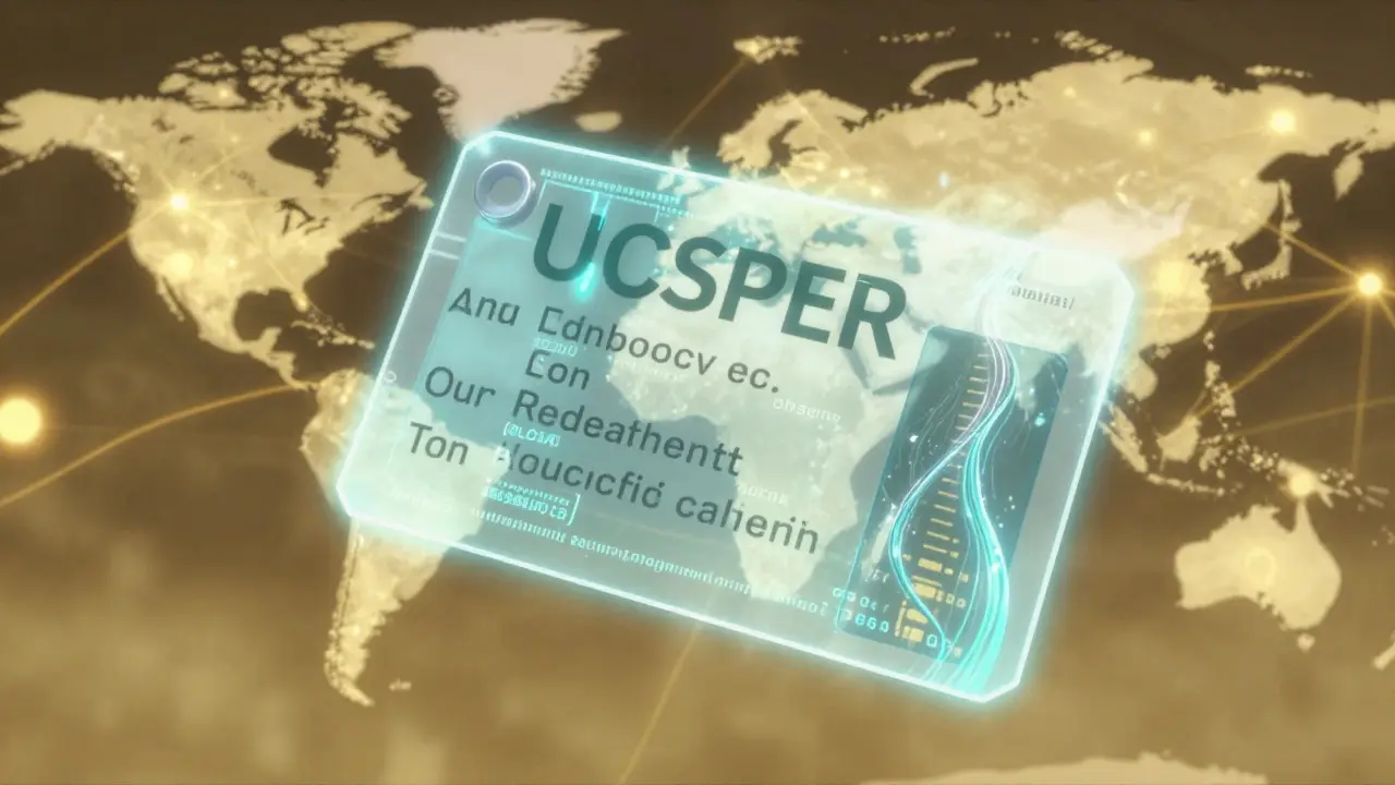 Futuristic holographic drug label updating in real-time with a global data network.