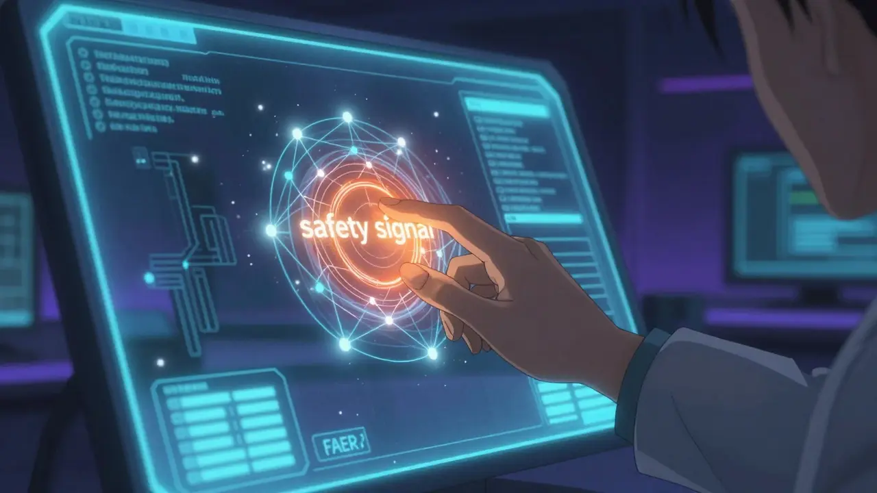 Holographic data screen showing a safety signal in a medical command center.