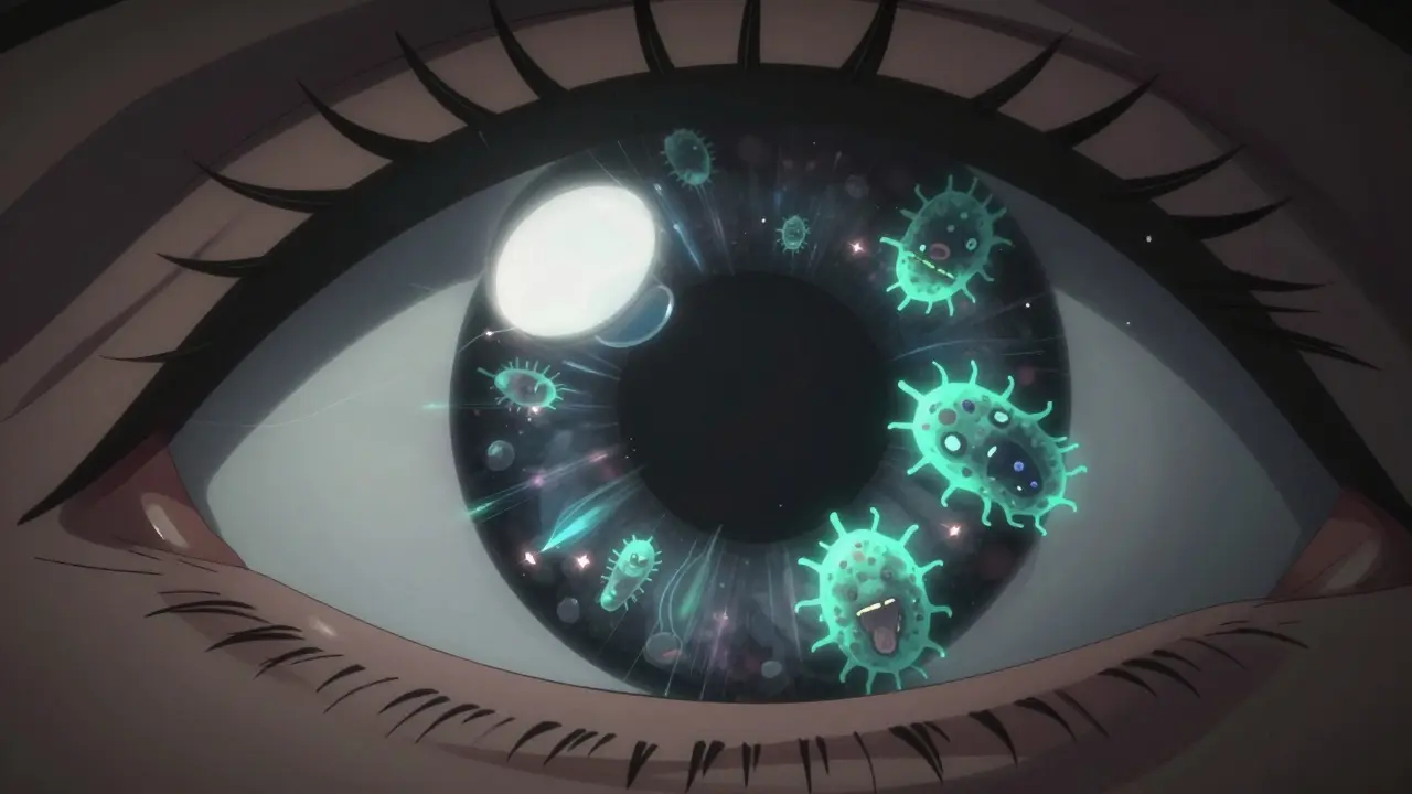 Microscopic anime view of bacteria trapped between a contact lens and the eye surface