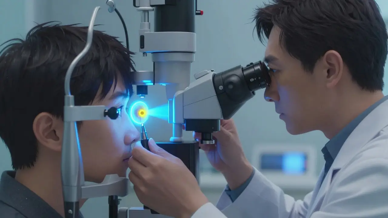 Ophthalmologist using a blue light and slit-lamp to diagnose a corneal ulcer in anime style