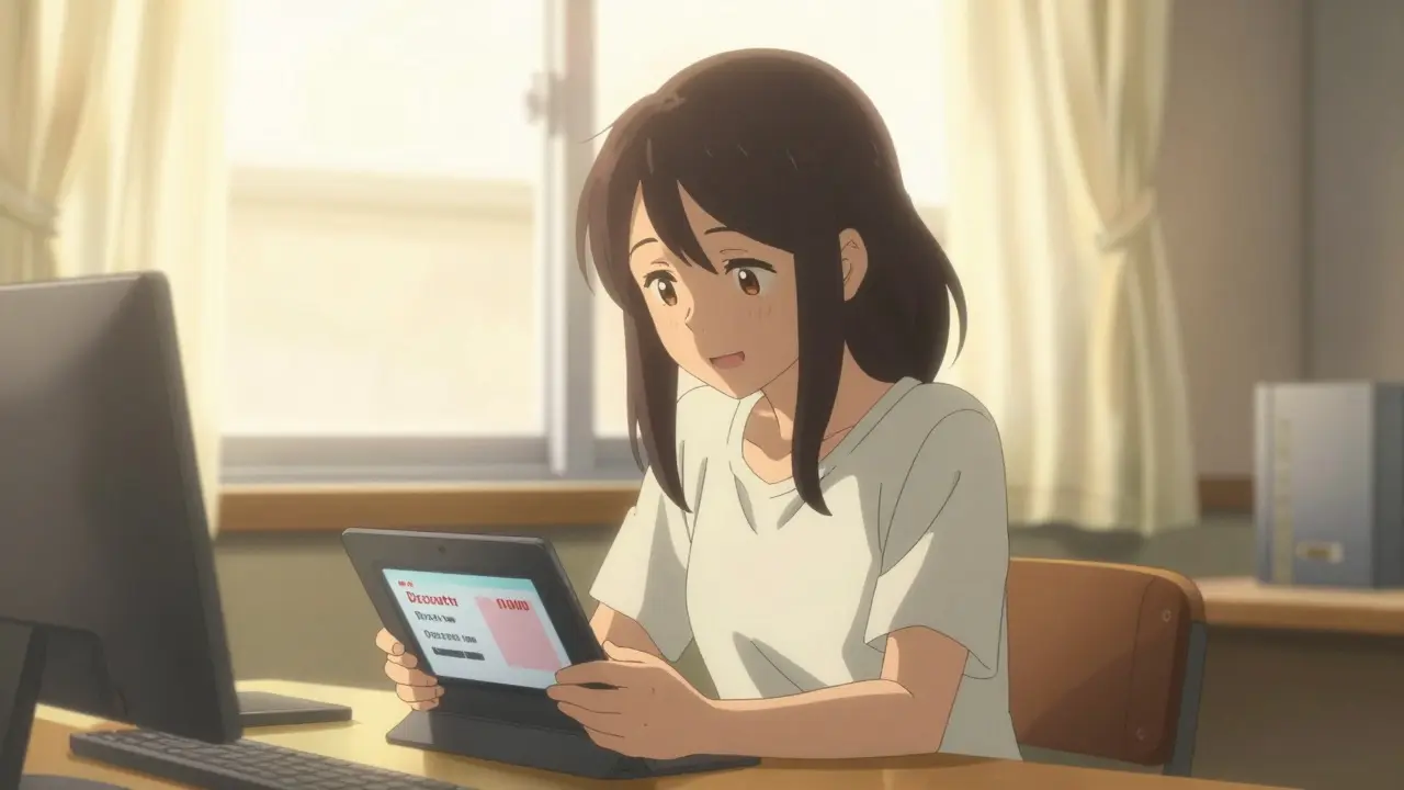 Relieved woman using a digital coupon for medication in a sunlit room