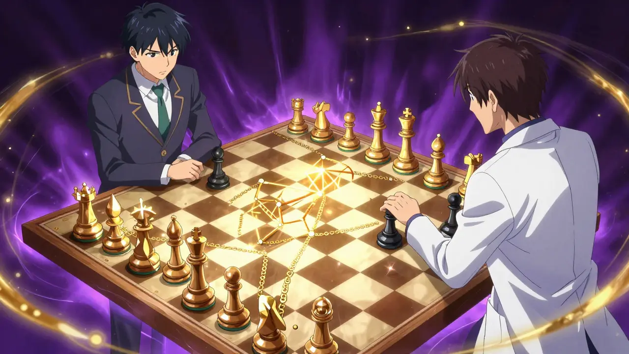 Two figures playing a holographic chess game with complex glowing geometric shapes.
