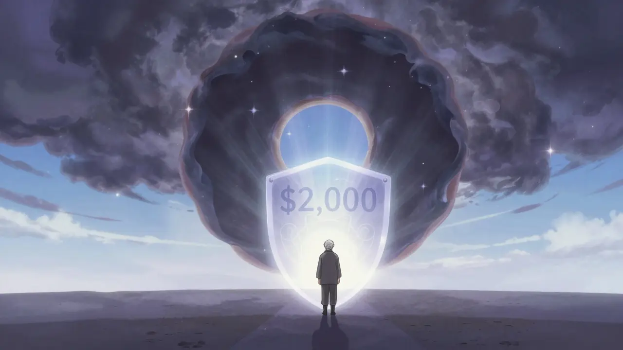 Dark donut hole cloud dissolving into light as senior stands safely under protective shield