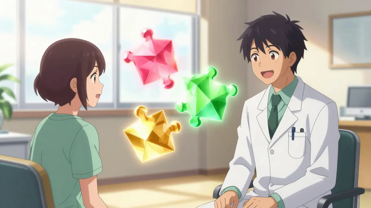 Doctor and patient discussing medication with glowing neurotransmitter graphics