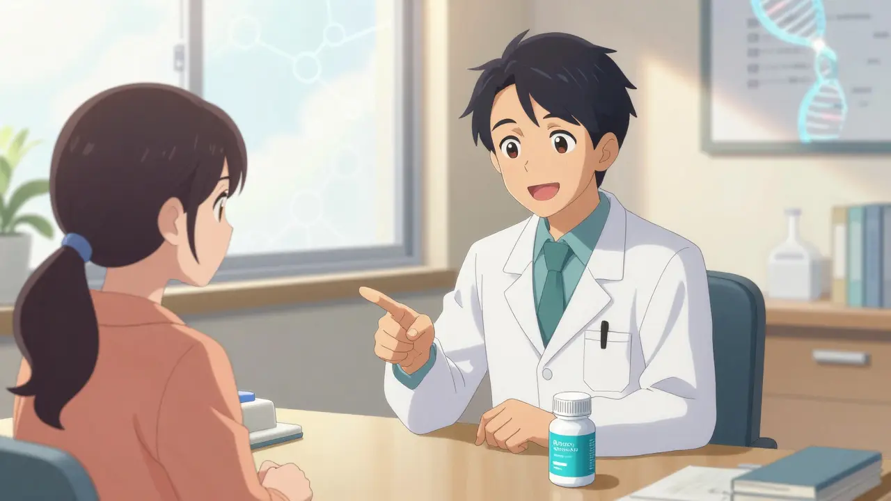 Doctor explaining safe HIV treatment alternatives to patient in bright office, anime style.