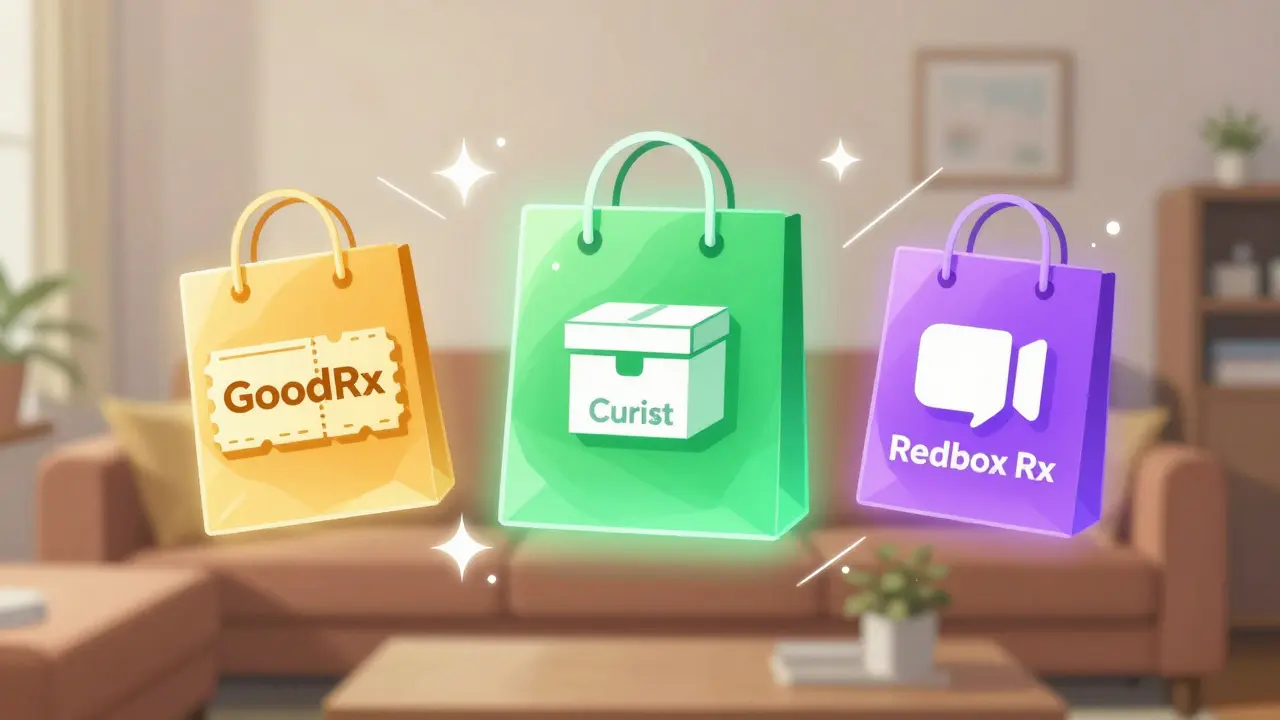 Floating icons representing online pharmacy options in anime style