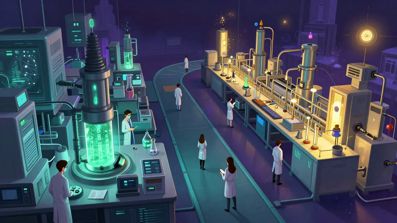 Futuristic labs contrasting Chinese biologics research with Indian biosimilar production