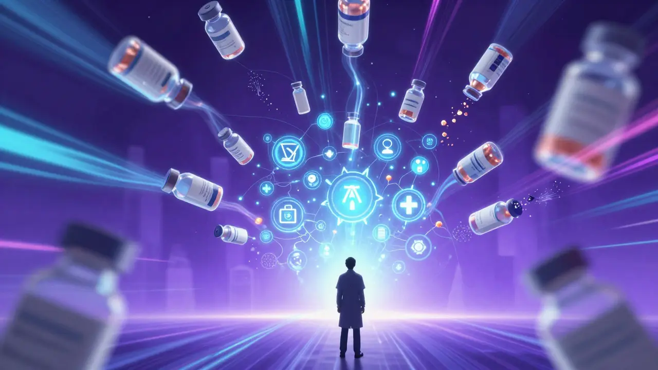 Futuristic visualization of pharmaceutical supply chains and AI analytics in a hospital setting.