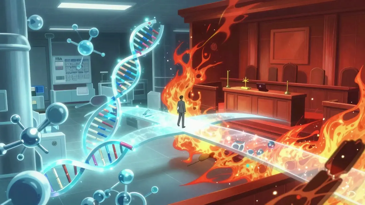 Glowing bridge connecting science lab to legal courtroom