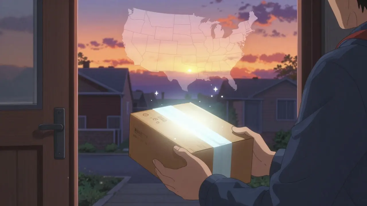 Glowing medicine package arriving at home doorstep at sunset