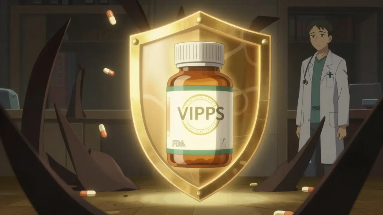 Glowing shield protecting medication from counterfeit scams and unsafe sources