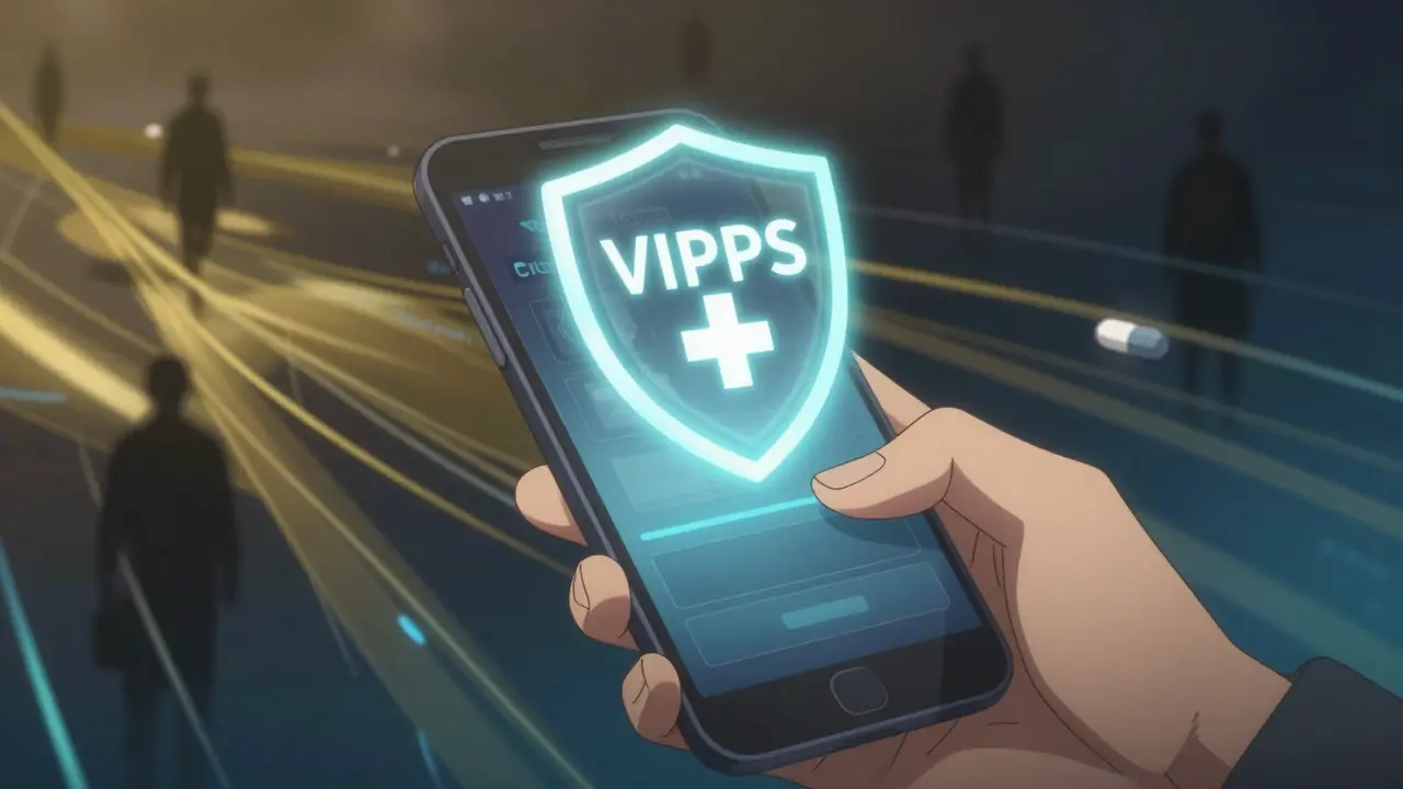 Glowing VIPPS certification shield protecting against fake drugs