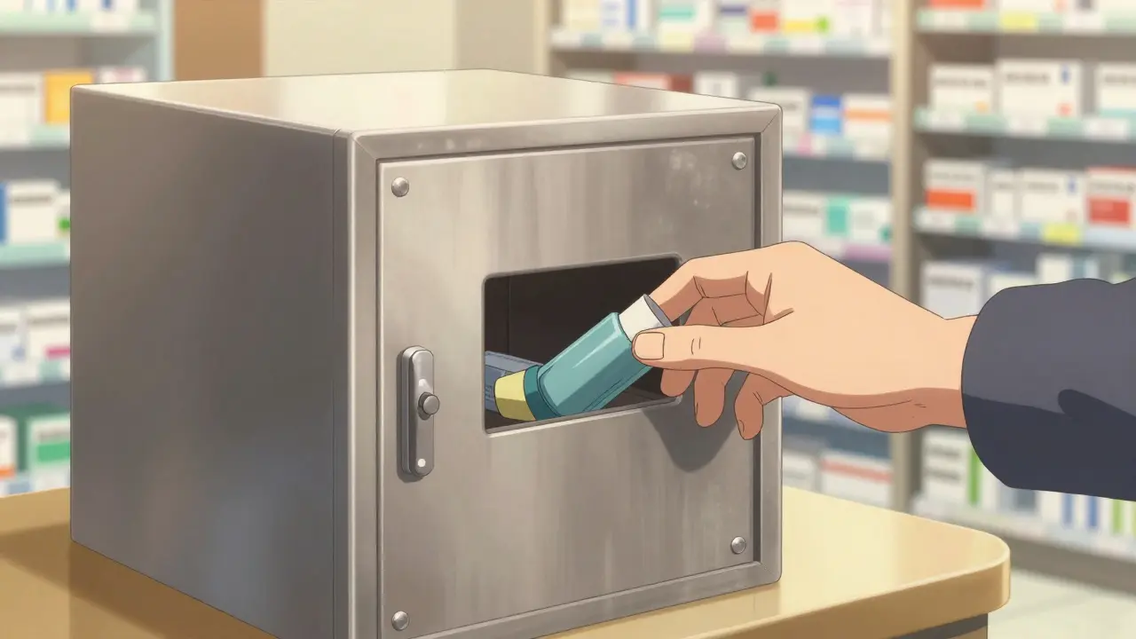Hand dropping expired medication into a secure pharmacy take-back box