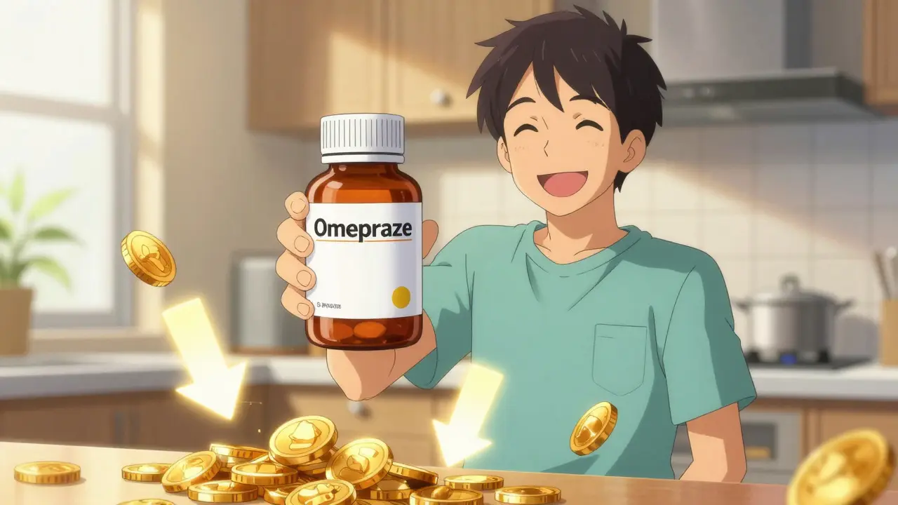 Happy anime character holding medication with savings symbols