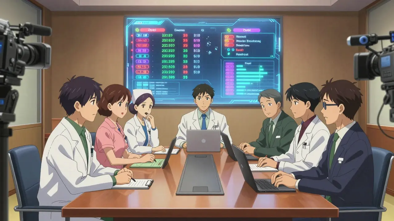 Multidisciplinary hospital team discussing drug allocation criteria with holographic data displays.