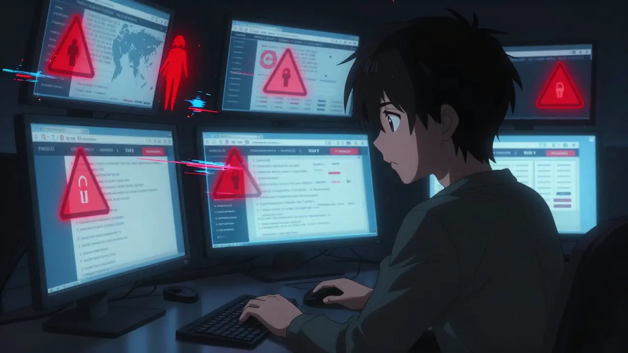 Person browsing risky international drug sites on computers in dark room, Ufotable style.