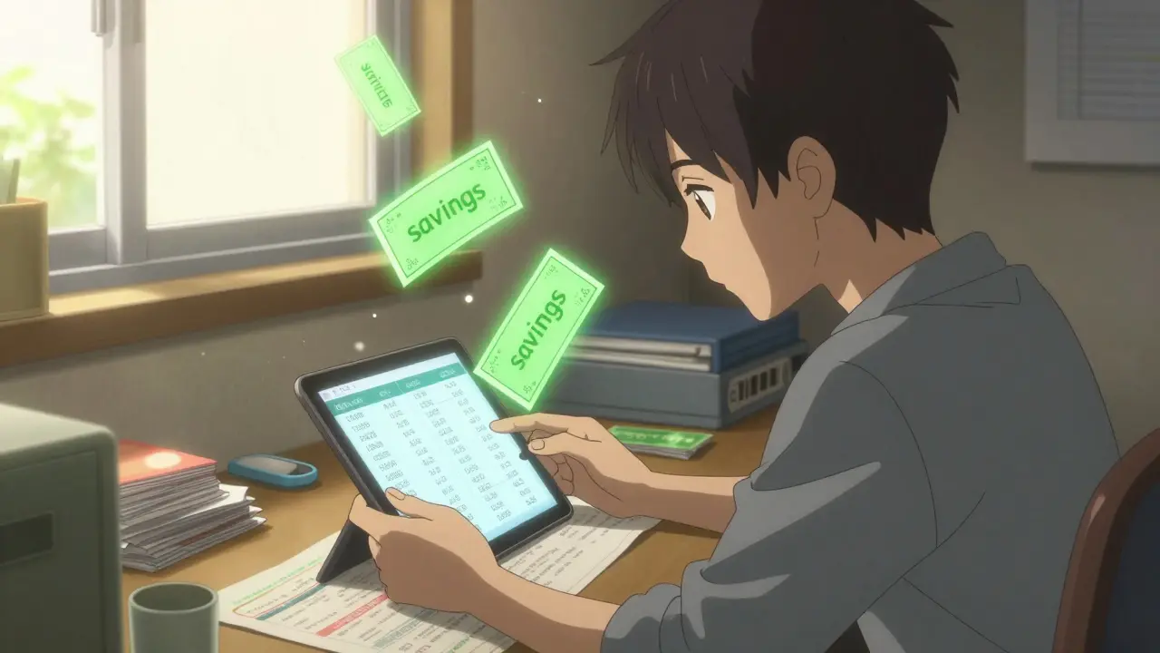 Person using tablet to find cheap medicine with floating discount coupons