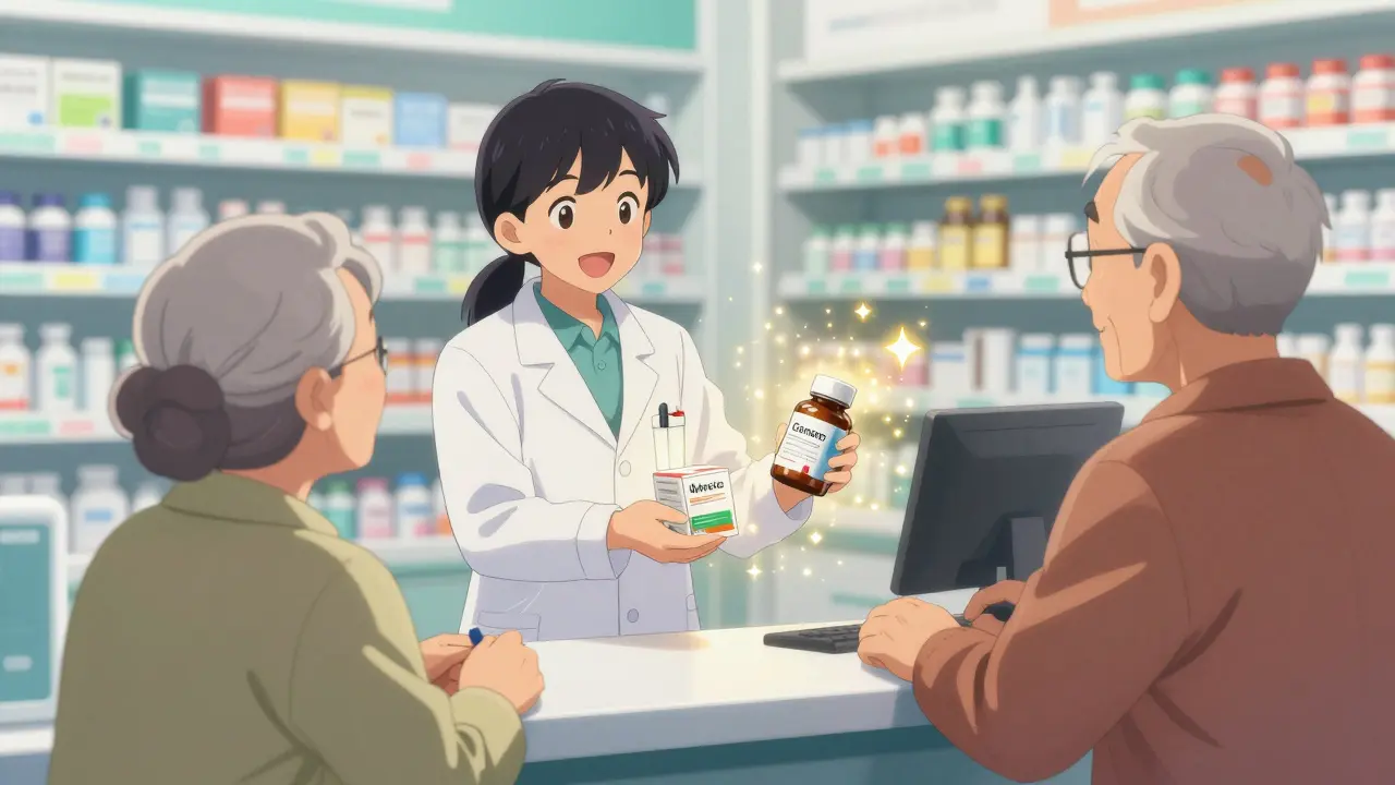 Pharmacist handing saved-cost medications to happy seniors with magical sparkles in anime art