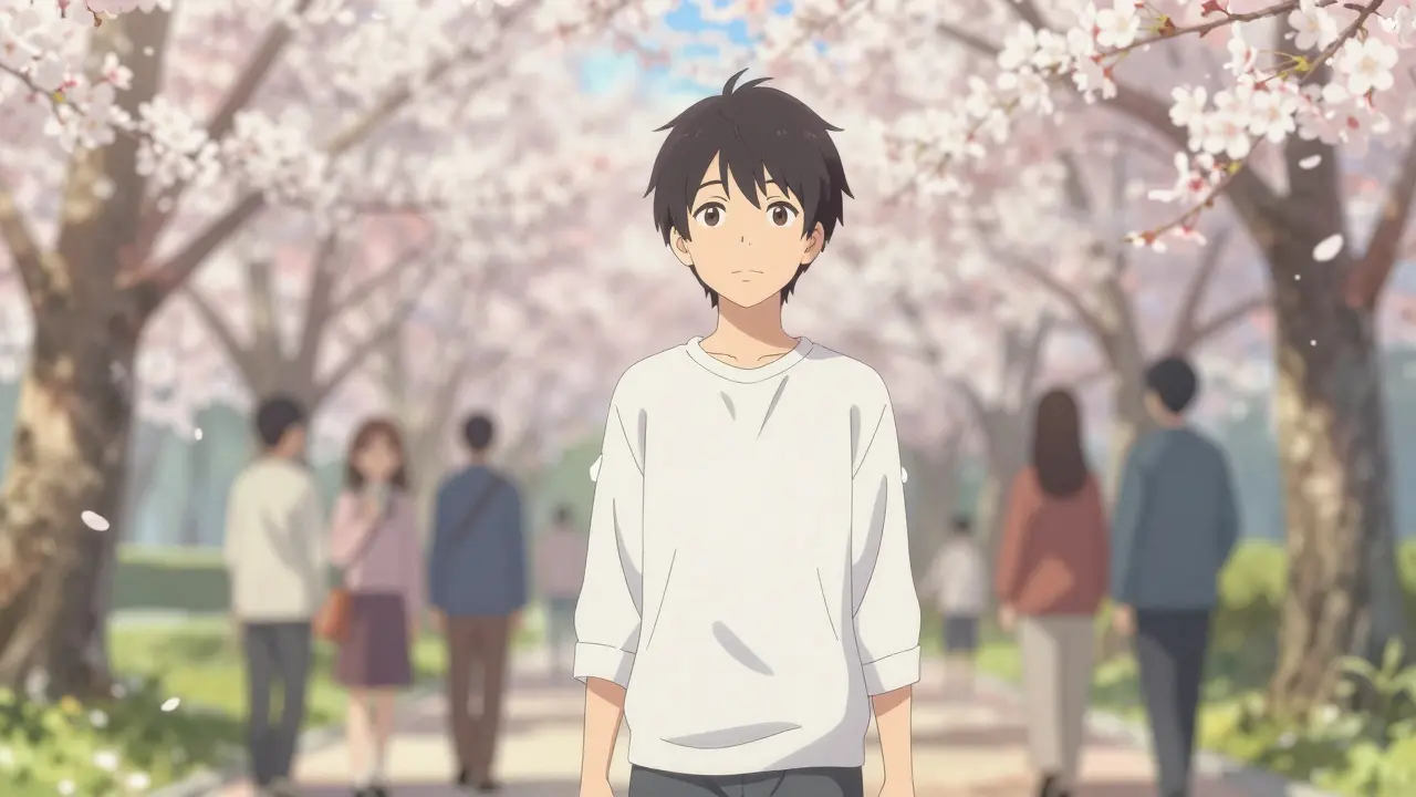 Revitalized anime character standing peacefully in a sunny cherry blossom park