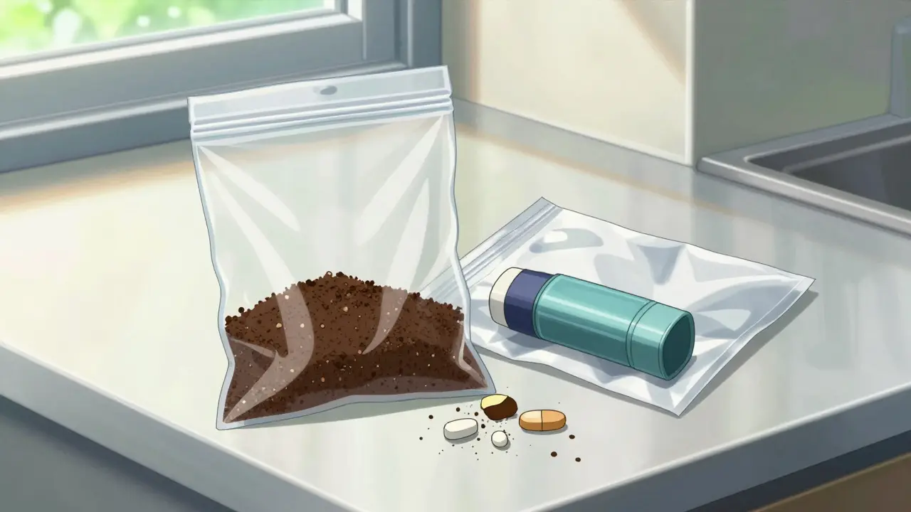 Safe home disposal of meds mixed with coffee grounds in sealed bags
