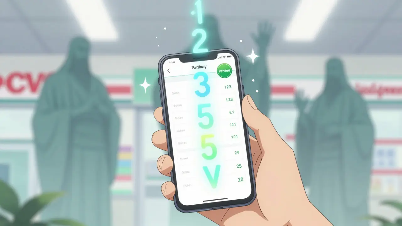 Smartphone showing discounted medication prices with verified pharmacy badges