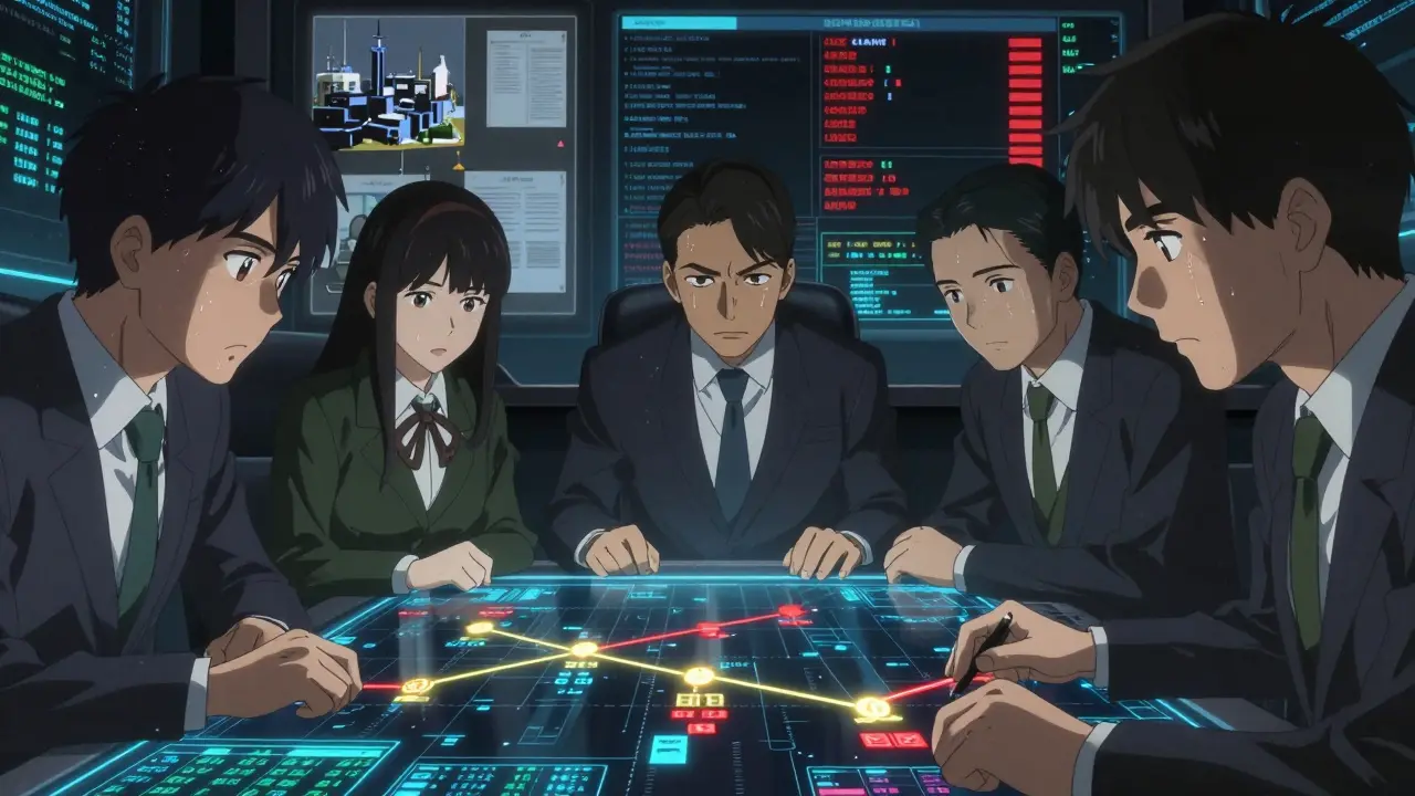 Team analyzing holographic timeline for drug launch strategy