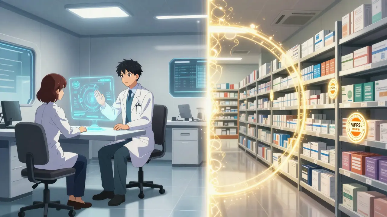 Telemedicine doctor and verified pharmacy warehouse with glowing seals