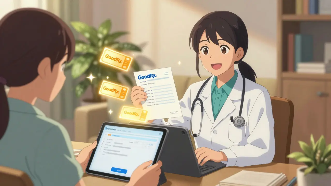 Anime doctor prescribing meds with floating discount coupons