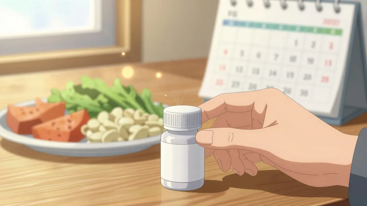 Anime style image of taking antibiotic pills with food for health