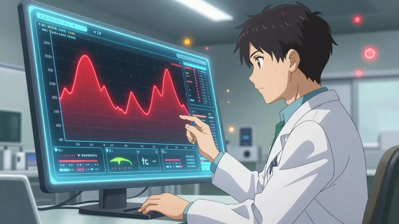 Doctor analyzing holographic CK level graphs in a futuristic clinic