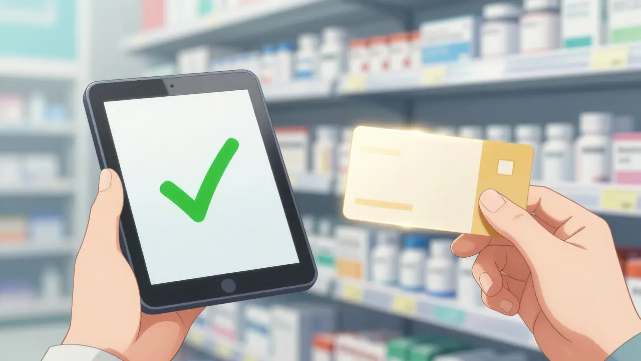 Hands holding pill bottle and verification checkmark with golden coupon glow