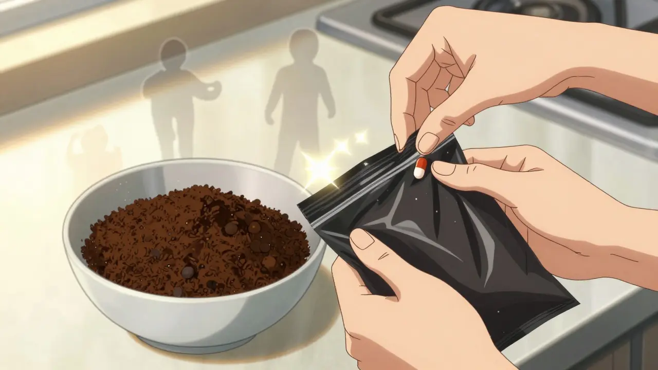 Hands mixing pills with coffee grounds for safe disposal