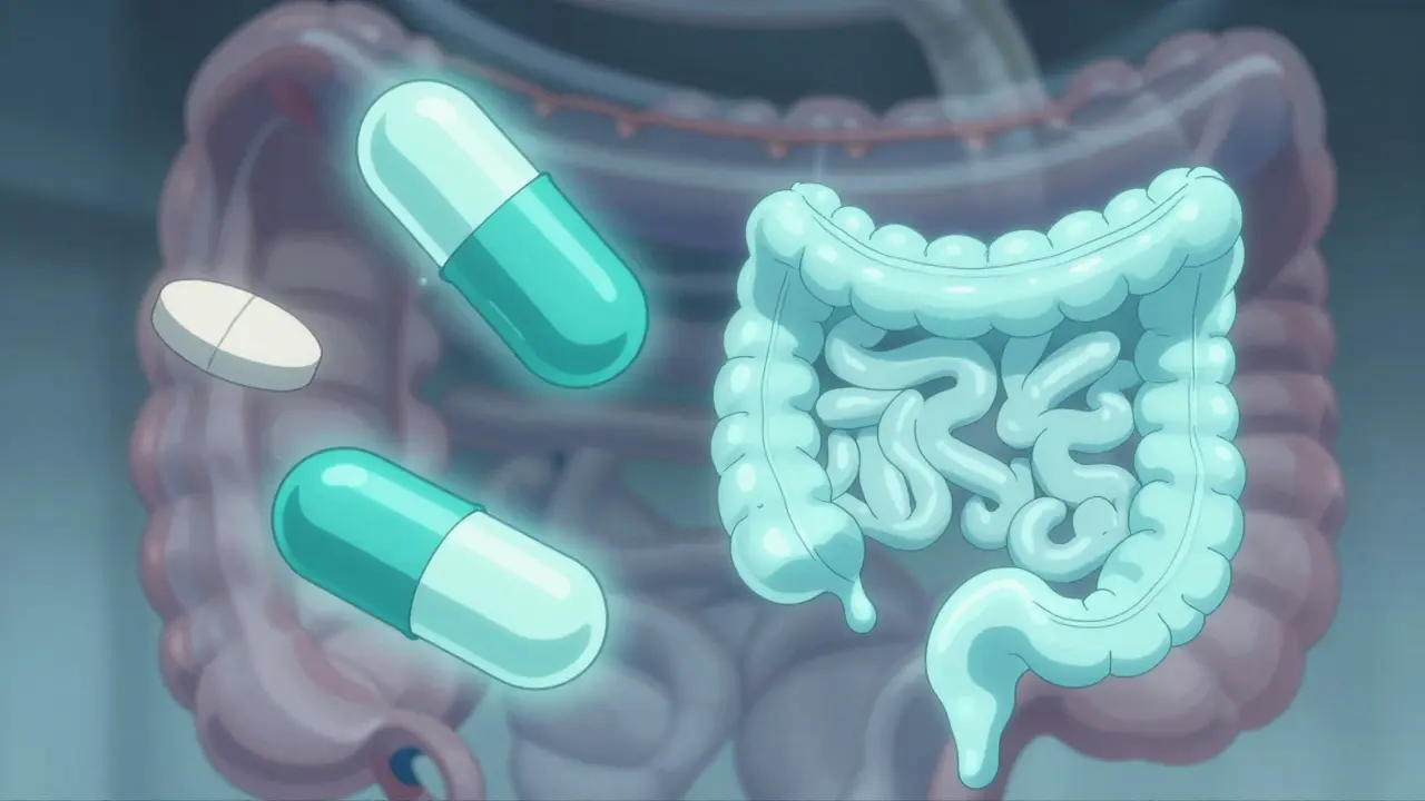Mebeverine tablets and capsules glowing softly