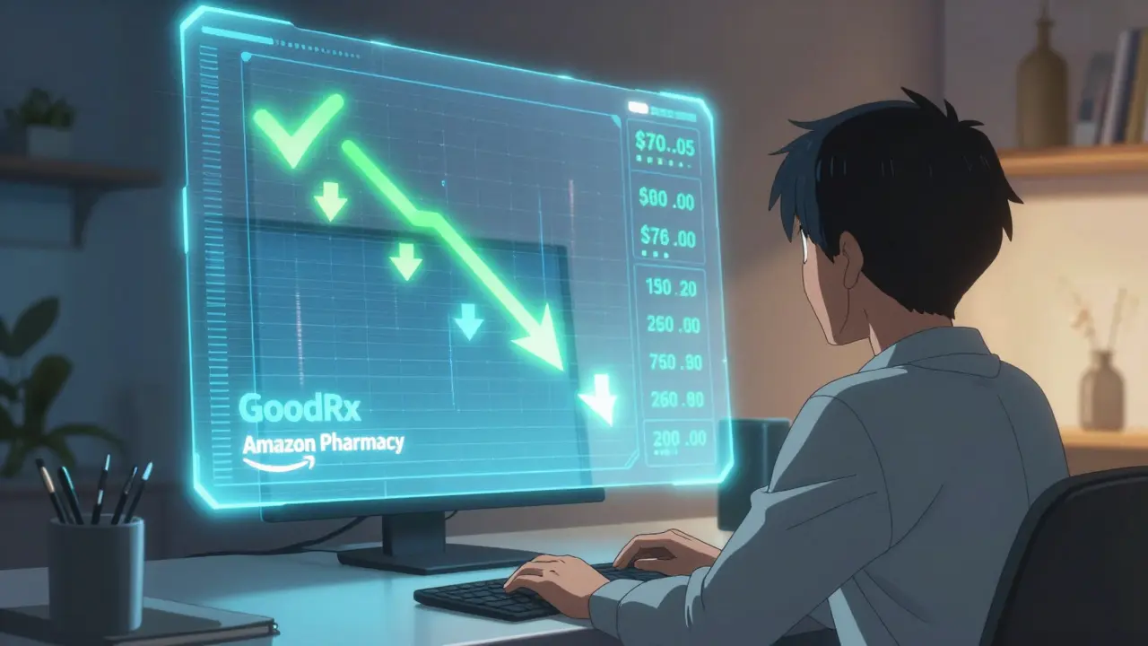 Person viewing holographic price comparison data for affordable medication