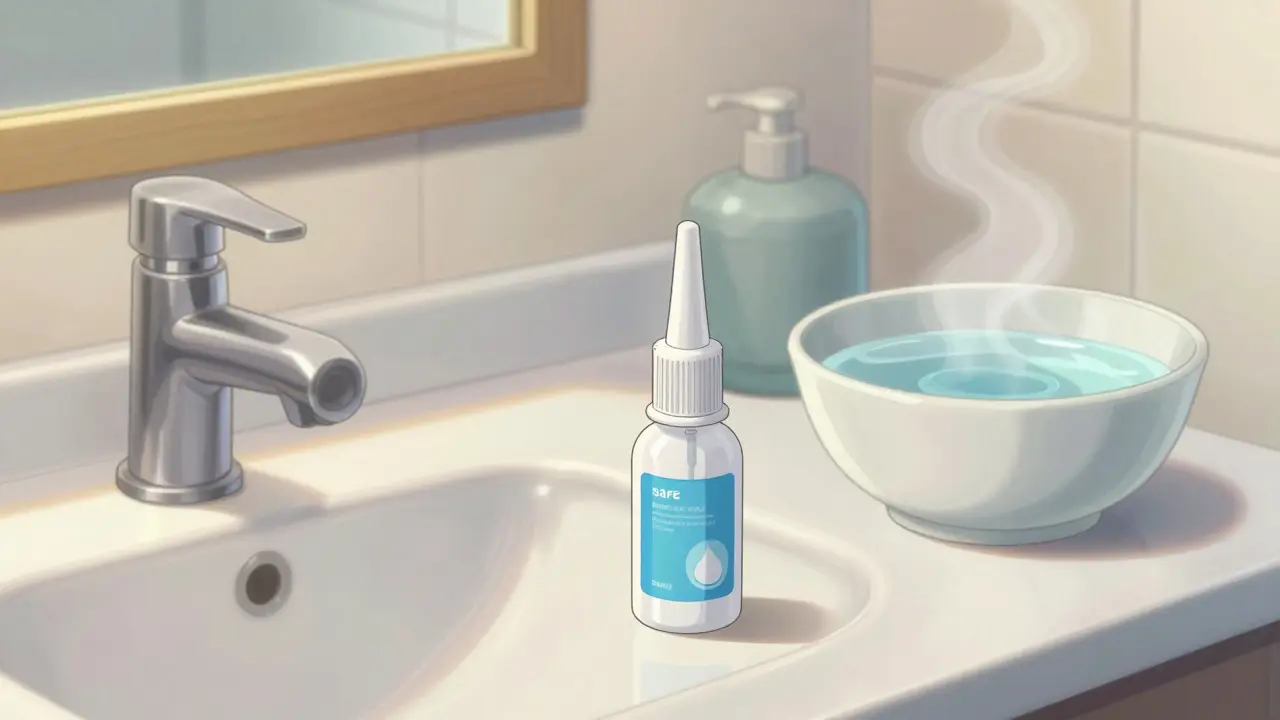 Safe congestion remedies like neti pot and spray on sunny bathroom sink
