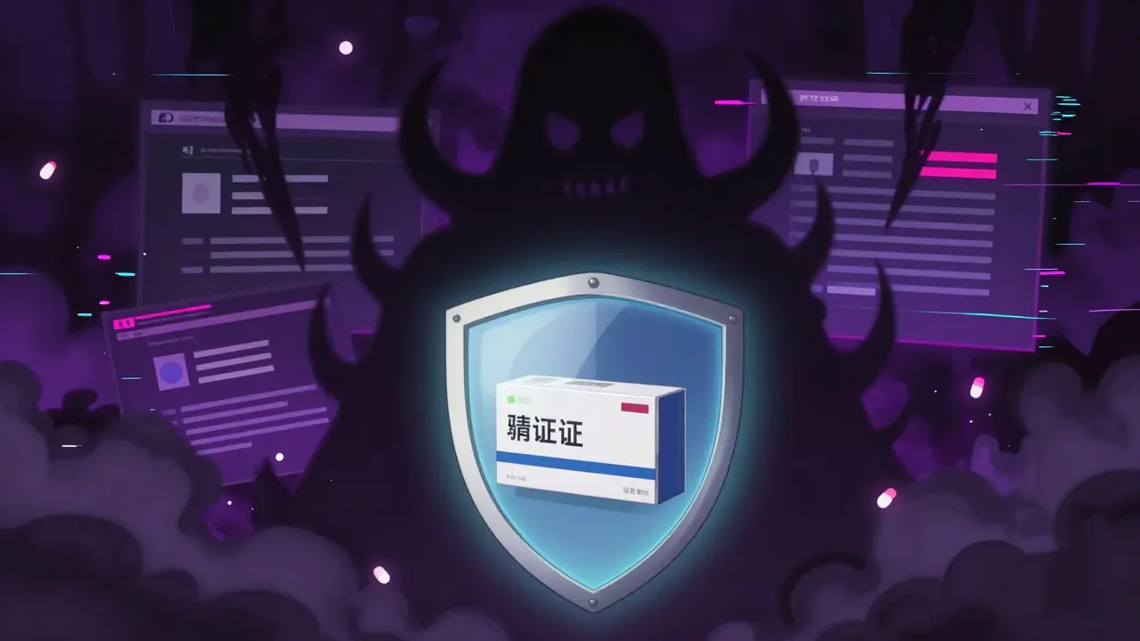 Safe medicine box protected from shadowy scam entities in anime art style